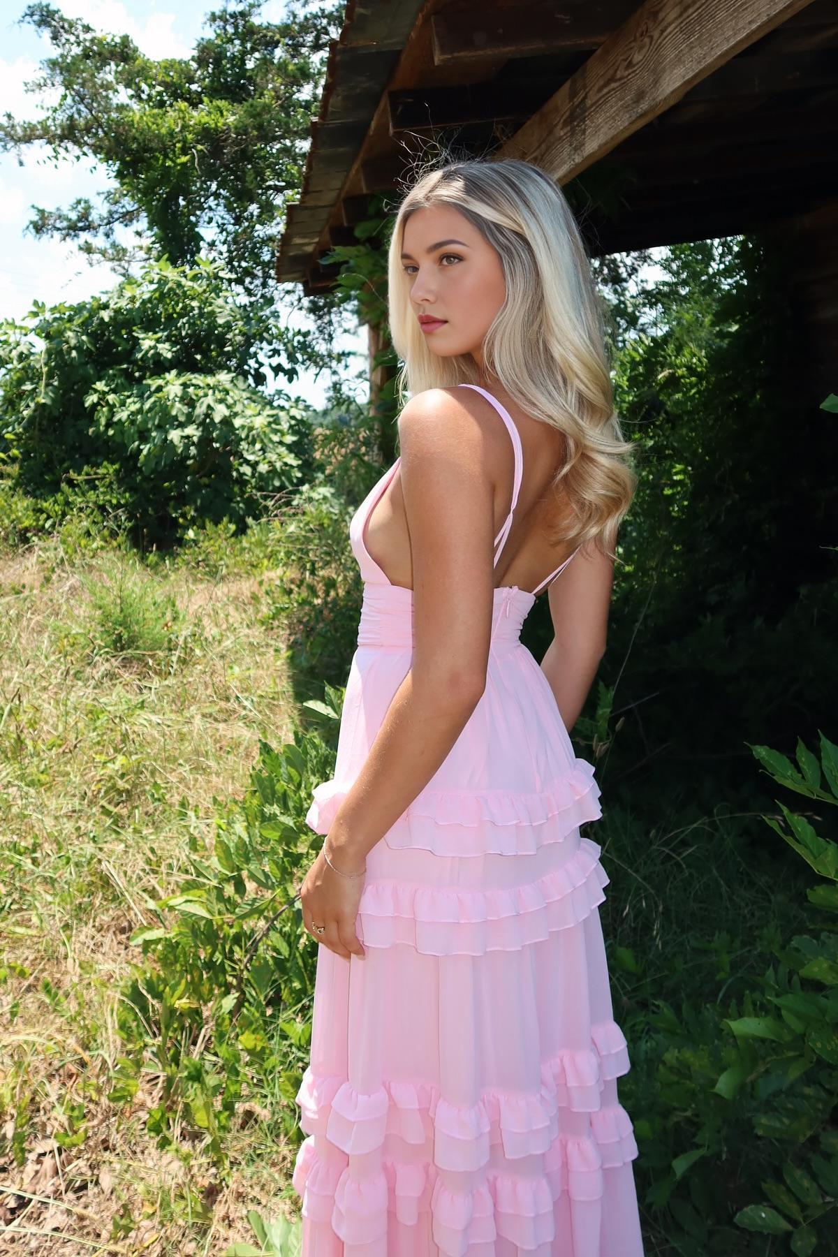 Vestido Weitese de corte A con tirantes finos, de gasa rosa, largo, escalonado, maxi, sin mangas, para fiesta